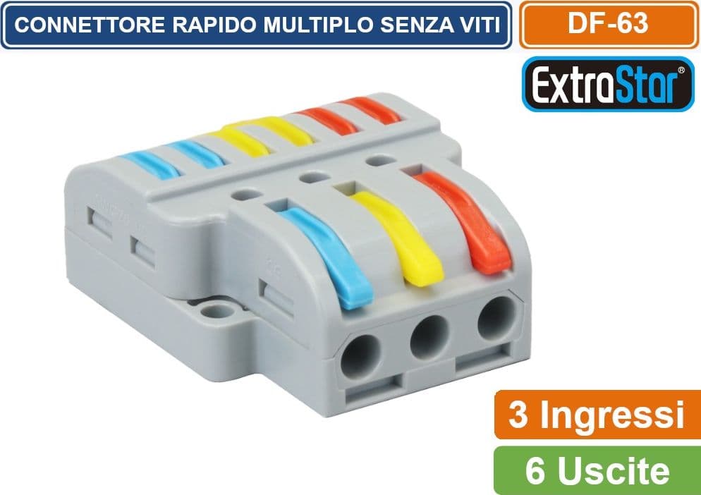 MORSETTO CONNETTORE UNIVERSALE MULTIPLO CONNESSIONE RAPIDA SENZA VITI  3 POLI IN INGRESSO 6 POLI IN USCITA - 3