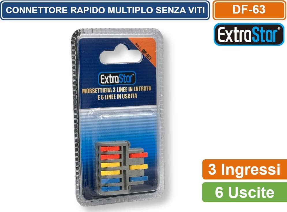 MORSETTO CONNETTORE UNIVERSALE MULTIPLO CONNESSIONE RAPIDA SENZA VITI  3 POLI IN INGRESSO 6 POLI IN USCITA - 4