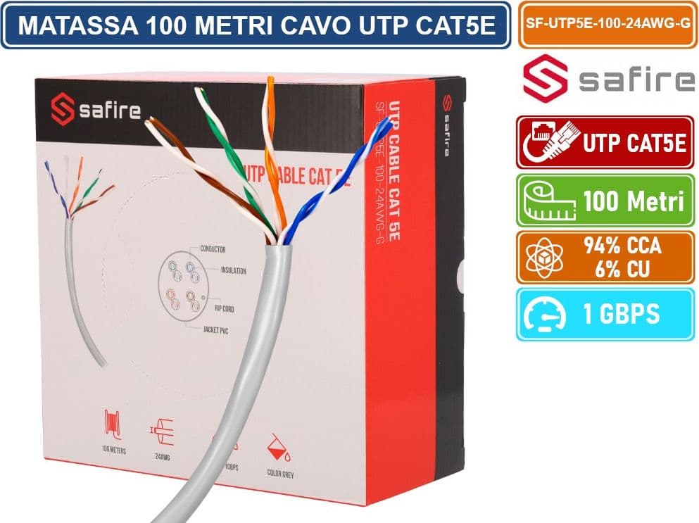 SAFIRE SF-UTP5E-100-24AWG-G MATASSA BOBINA CAVO RETE 100 METRI ETHERNET UTP CAT 5E 4X2 AWG 24 LAN RJ45 CCA