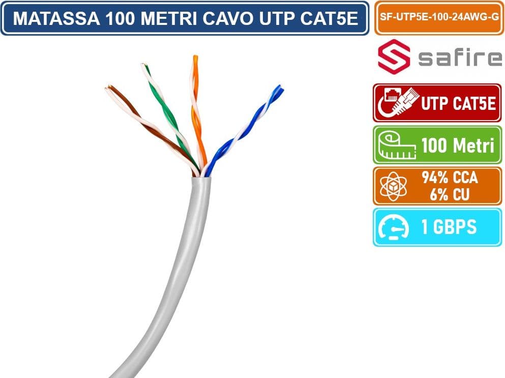 SAFIRE SF-UTP5E-100-24AWG-G MATASSA BOBINA CAVO RETE 100 METRI ETHERNET UTP CAT 5E 4X2 AWG 24 LAN RJ45 CCA - 2