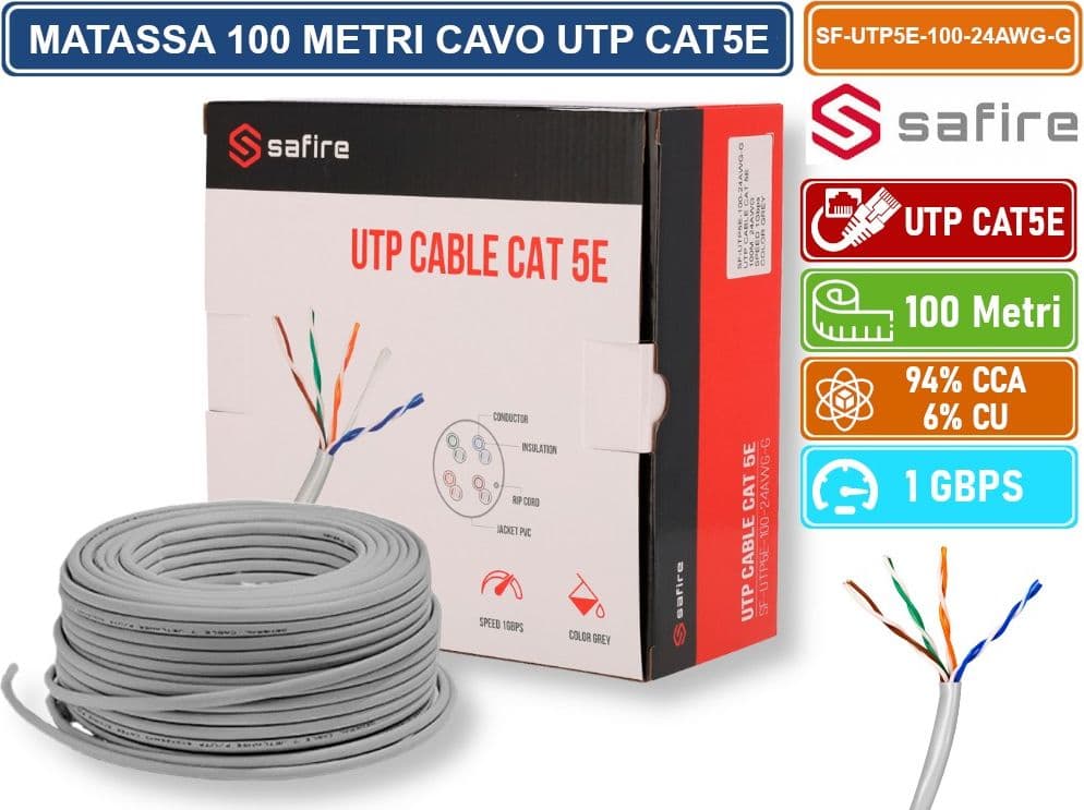 SAFIRE SF-UTP5E-100-24AWG-G MATASSA BOBINA CAVO RETE 100 METRI ETHERNET UTP CAT 5E 4X2 AWG 24 LAN RJ45 CCA - 3