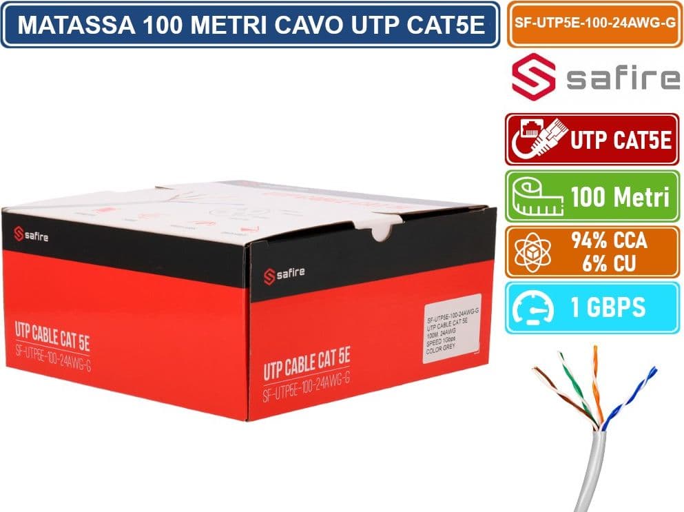 SAFIRE SF-UTP5E-100-24AWG-G MATASSA BOBINA CAVO RETE 100 METRI ETHERNET UTP CAT 5E 4X2 AWG 24 LAN RJ45 CCA - 4