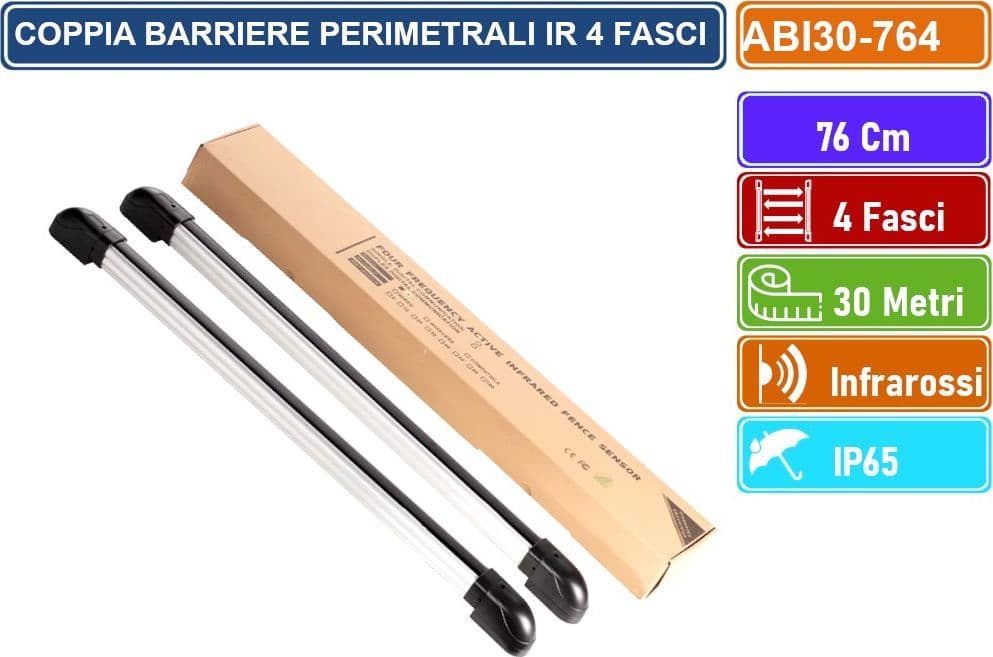 COPPIA BARRIERE PERIMETRALI CABLATE AD INFRAROSSI 76CM 4 FASCI DISTANZA RILEVAMENTO 30 METRI DA ESTERNO IP65