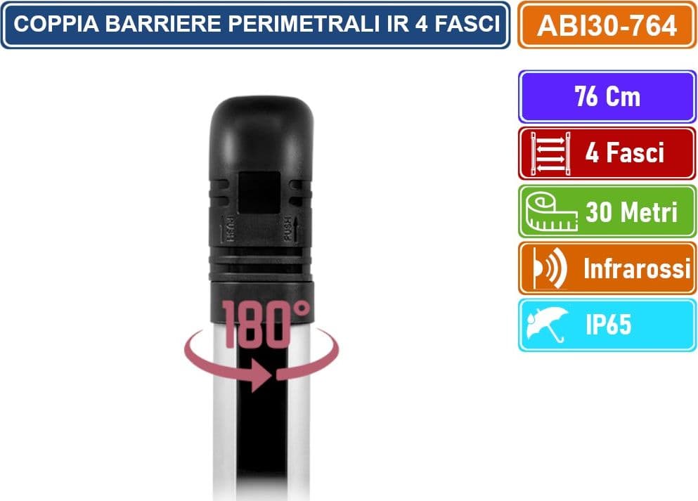 COPPIA BARRIERE PERIMETRALI CABLATE AD INFRAROSSI 76CM 4 FASCI DISTANZA RILEVAMENTO 30 METRI DA ESTERNO IP65 - 4