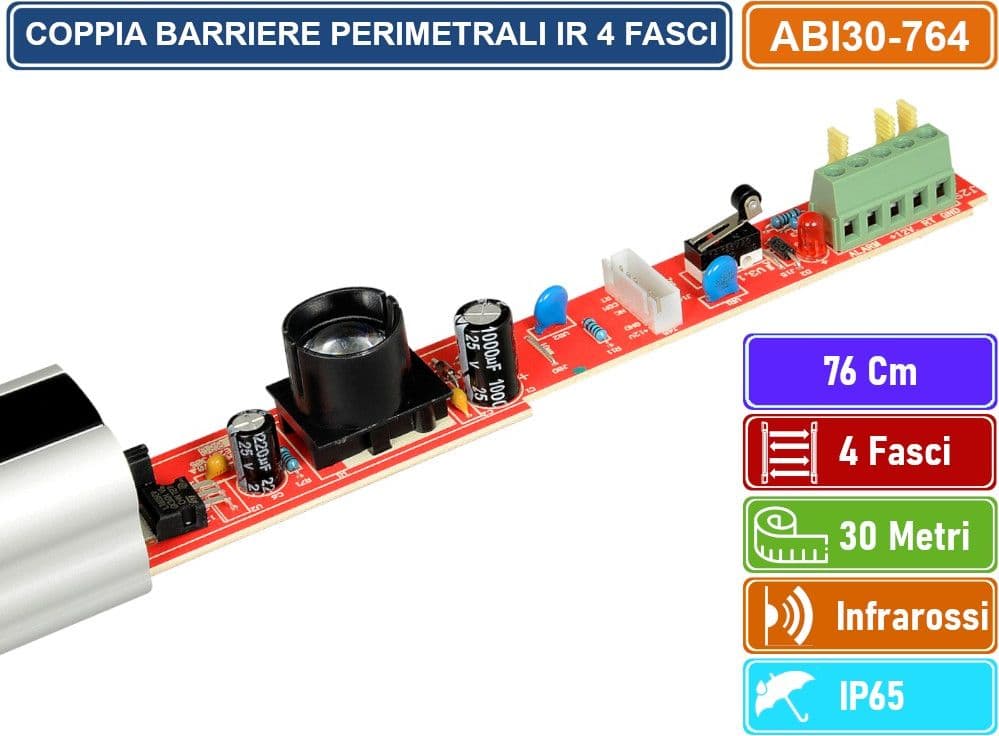 COPPIA BARRIERE PERIMETRALI CABLATE AD INFRAROSSI 76CM 4 FASCI DISTANZA RILEVAMENTO 30 METRI DA ESTERNO IP65 - 5