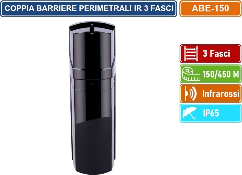 COPPIA BARRIERE PERIMETRALI CABLATE AD INFRAROSSI 3 FASCI DISTANZA RILEVAMENTO 150/450 METRI DA ESTERNO IP65 - 3