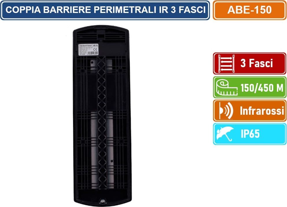 COPPIA BARRIERE PERIMETRALI CABLATE AD INFRAROSSI 3 FASCI DISTANZA RILEVAMENTO 150/450 METRI DA ESTERNO IP65 - 4