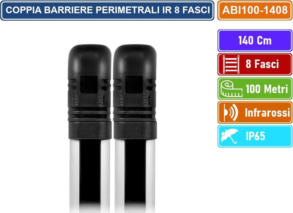 COPPIA BARRIERE PERIMETRALI CABLATE AD INFRAROSSI 140CM 8 FASCI DISTANZA RILEVAMENTO 100 METRI DA ESTERNO IP65 - 3