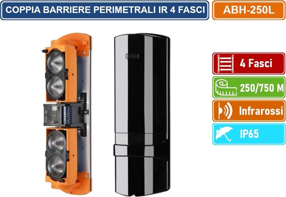 COPPIA BARRIERE PERIMETRALI CABLATE AD INFRAROSSI 4 FASCI DISTANZA RILEVAMENTO 250/750 METRI DA ESTERNO IP65