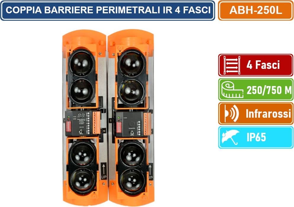 COPPIA BARRIERE PERIMETRALI CABLATE AD INFRAROSSI 4 FASCI DISTANZA RILEVAMENTO 250/750 METRI DA ESTERNO IP65 - 2