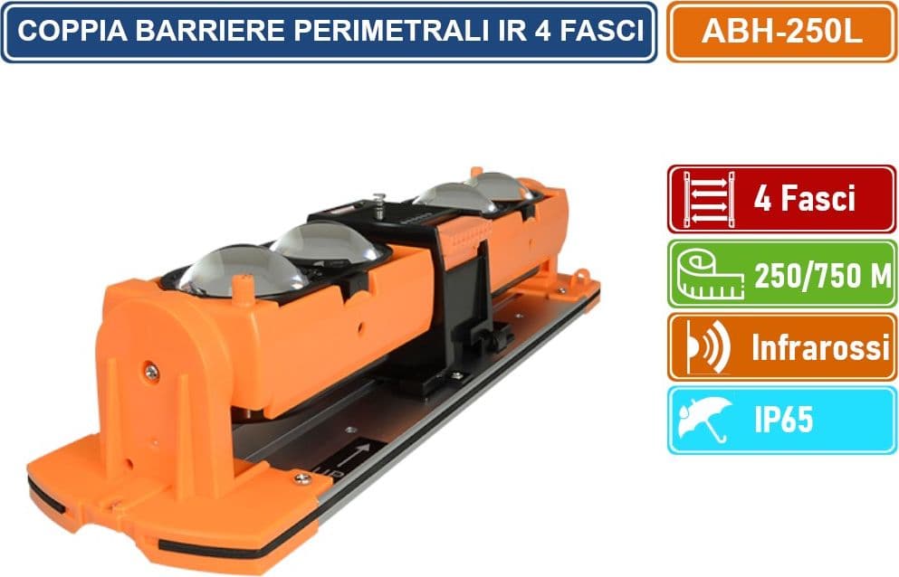 COPPIA BARRIERE PERIMETRALI CABLATE AD INFRAROSSI 4 FASCI DISTANZA RILEVAMENTO 250/750 METRI DA ESTERNO IP65 - 3