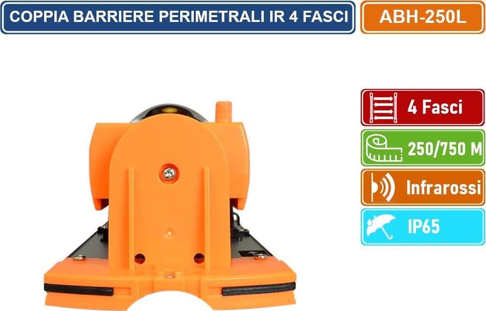 COPPIA BARRIERE PERIMETRALI CABLATE AD INFRAROSSI 4 FASCI DISTANZA RILEVAMENTO 250/750 METRI DA ESTERNO IP65 - 4