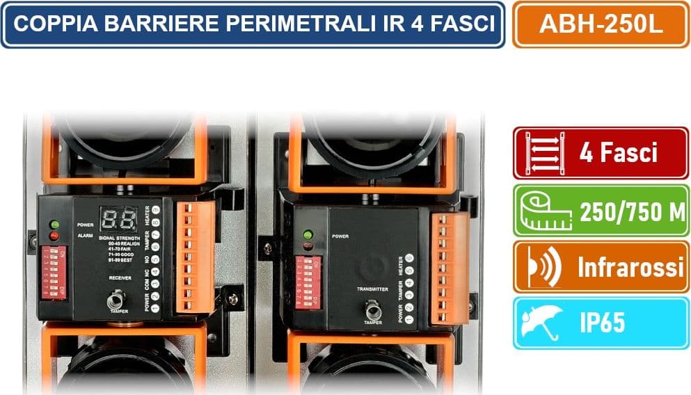 COPPIA BARRIERE PERIMETRALI CABLATE AD INFRAROSSI 4 FASCI DISTANZA RILEVAMENTO 250/750 METRI DA ESTERNO IP65 - 5