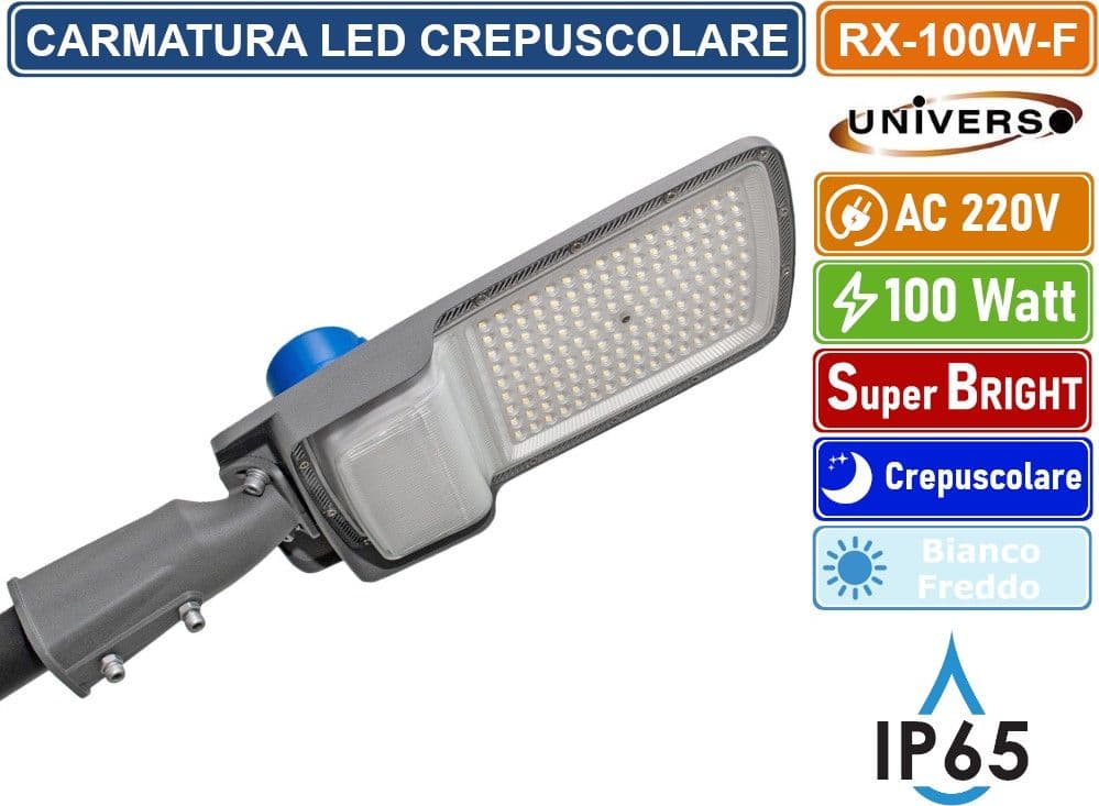 LAMPIONE ARMATURA STRADALE LED 100W SMD CON SENSORE CREPUSCOLARE - BIANCO FREDDO 6500K IP65