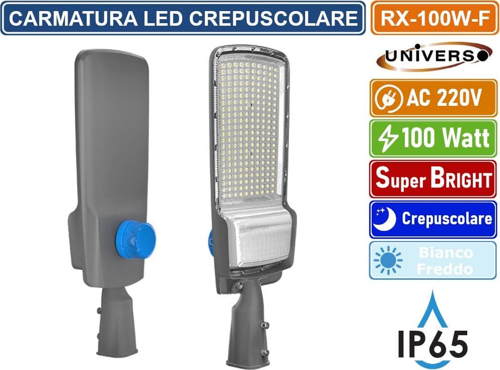 LAMPIONE ARMATURA STRADALE LED 100W SMD CON SENSORE CREPUSCOLARE - BIANCO FREDDO 6500K IP65 - 2