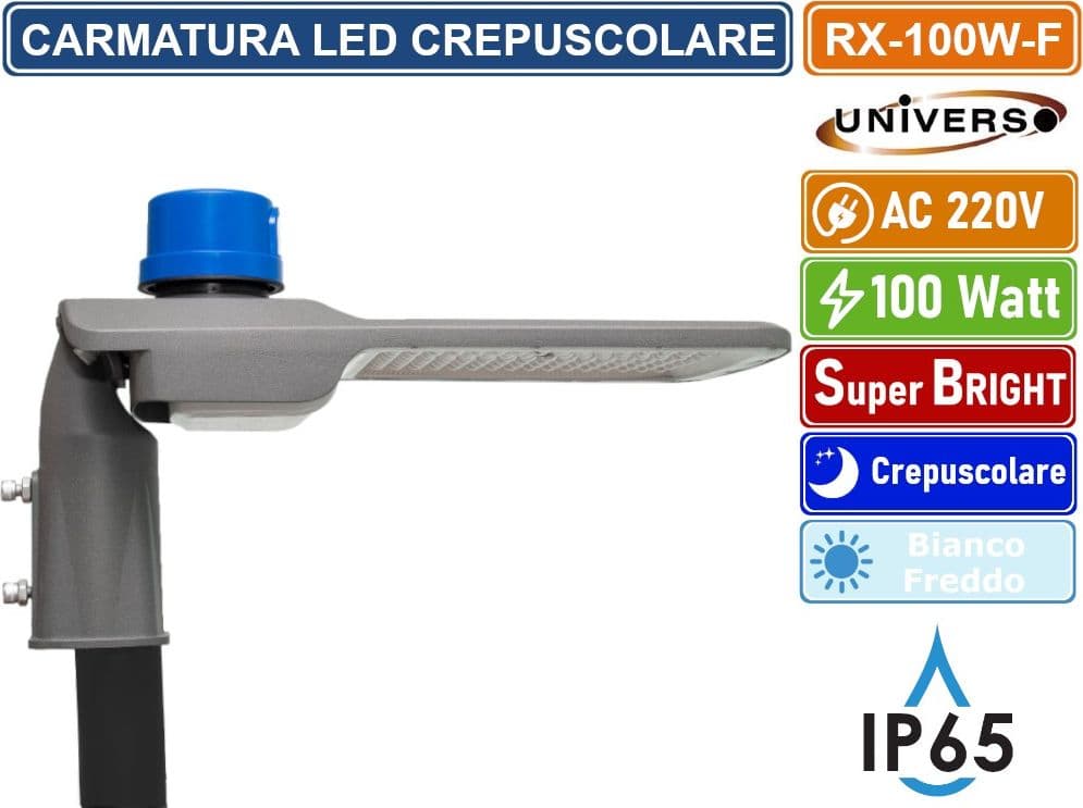 LAMPIONE ARMATURA STRADALE LED 100W SMD CON SENSORE CREPUSCOLARE - BIANCO FREDDO 6500K IP65 - 4