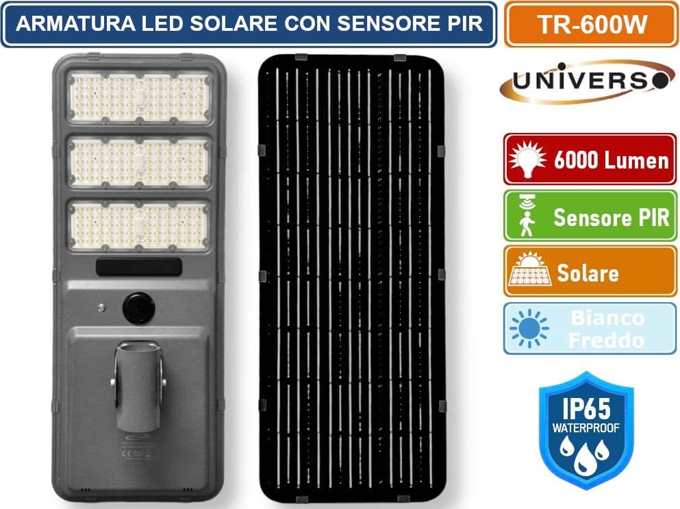 UNIVERSO TR-600W LAMPADA ARMATURA STRADALE LED LAMPIONE IP65 EQUIVALENTE 600W CON PANNELLO SOLARE E SENSORE DI MOVIMENTO - 6500K - 2