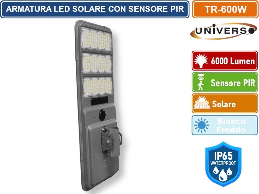 UNIVERSO TR-600W LAMPADA ARMATURA STRADALE LED LAMPIONE IP65 EQUIVALENTE 600W CON PANNELLO SOLARE E SENSORE DI MOVIMENTO - 6500K - 3