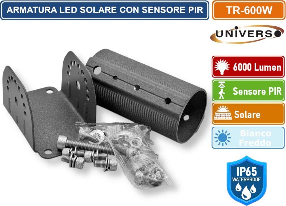 UNIVERSO TR-600W LAMPADA ARMATURA STRADALE LED LAMPIONE IP65 EQUIVALENTE 600W CON PANNELLO SOLARE E SENSORE DI MOVIMENTO - 6500K - 4