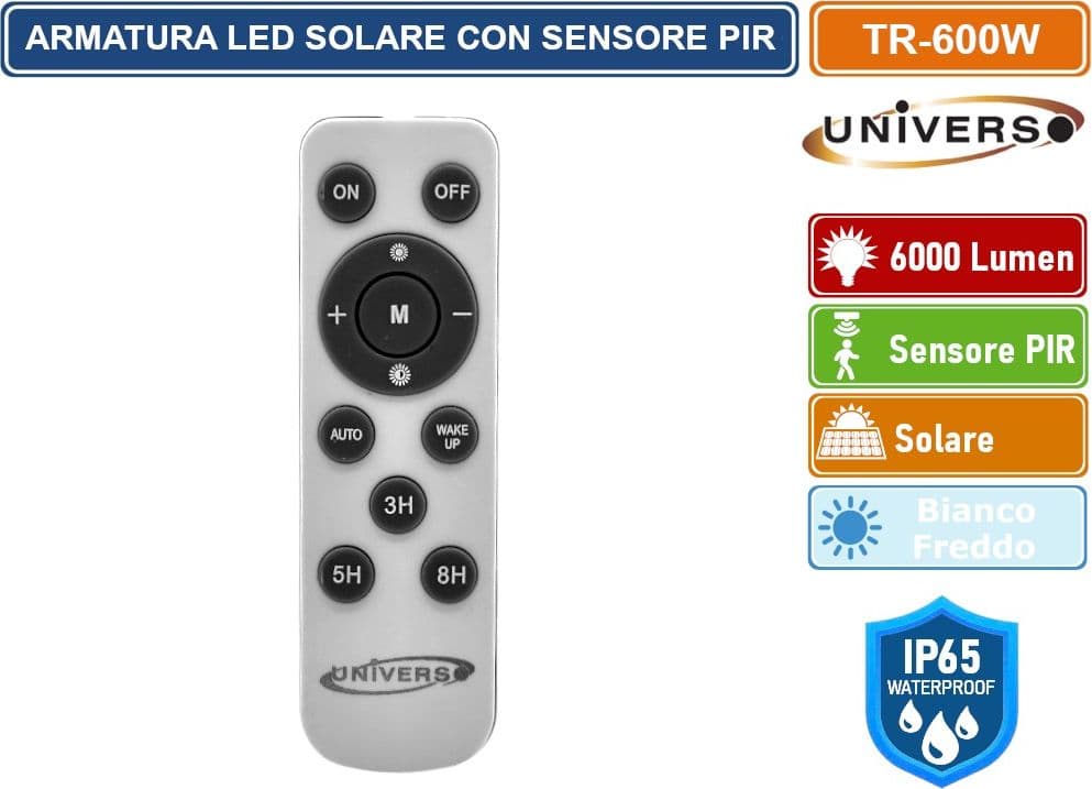 UNIVERSO TR-600W LAMPADA ARMATURA STRADALE LED LAMPIONE IP65 EQUIVALENTE 600W CON PANNELLO SOLARE E SENSORE DI MOVIMENTO - 6500K - 5
