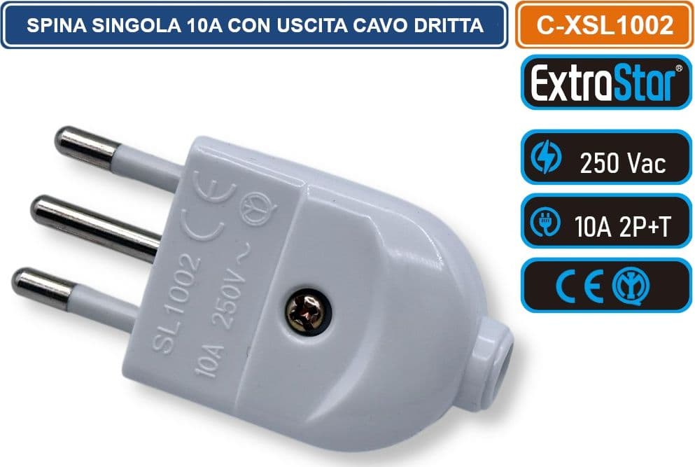 EXTRASTAR C-XSL1002 SPINA SINGOLA 2+T 10A CON USCITA CAVO DRITTA COLORE BIANCO IMQ - 2