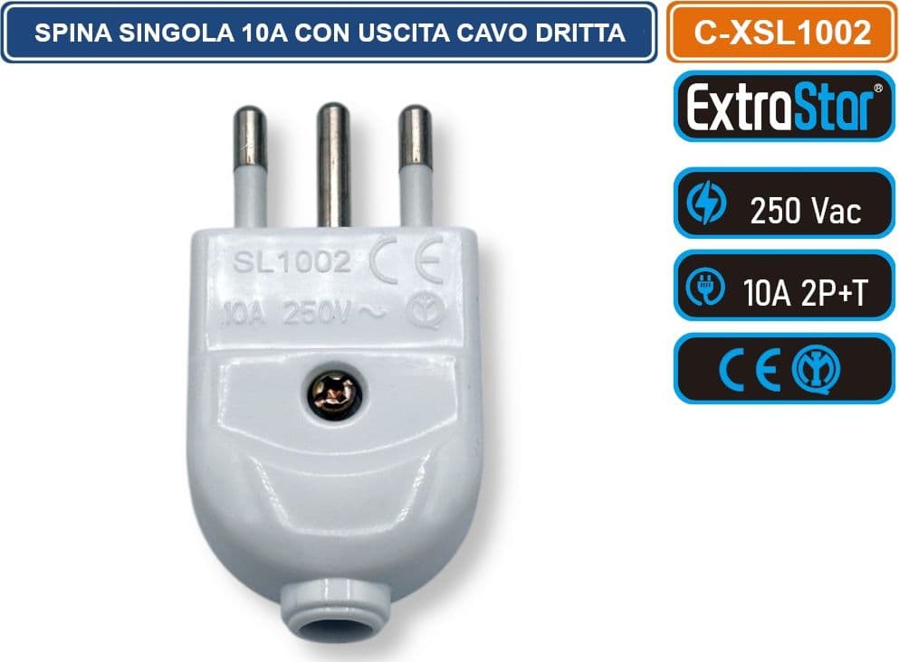 EXTRASTAR C-XSL1002 SPINA SINGOLA 2+T 10A CON USCITA CAVO DRITTA COLORE BIANCO IMQ - 3