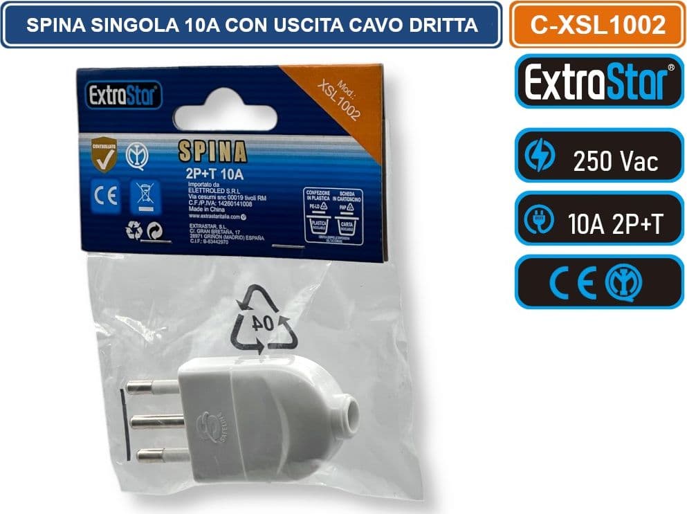 EXTRASTAR C-XSL1002 SPINA SINGOLA 2+T 10A CON USCITA CAVO DRITTA COLORE BIANCO IMQ - 4
