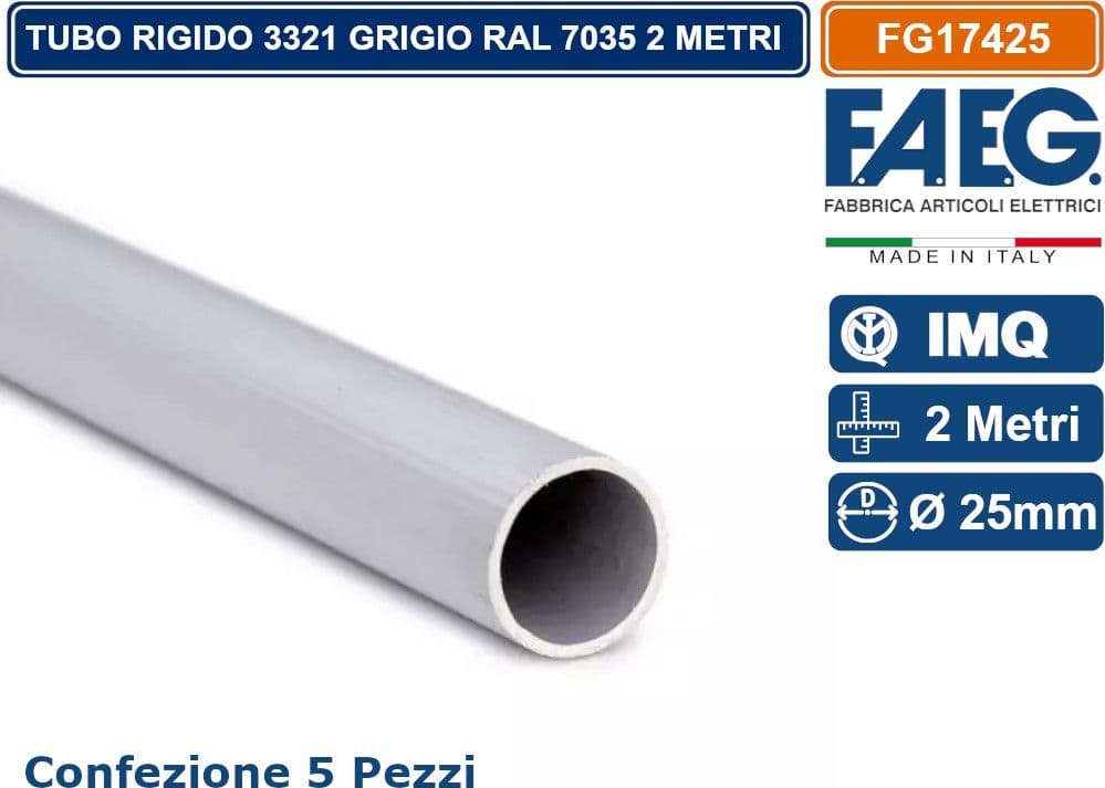 FAEG CONFEZIONE 5 PEZZI TUBO RIGIDO 3321 GRIGIO RAL 7035 LUNGHEZZA 2 METRI  DIAMETRO Ø 25MM - 2