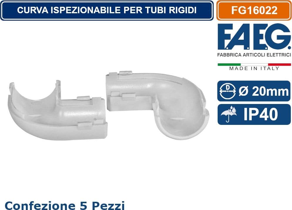 FAEG FG16022 CONFEZIONE 5 PEZZI CURVA ISPEZIONABILE GRIGIA RAL 7035 PER TUBI RIGIDI Ø 20MM IP40 - 3