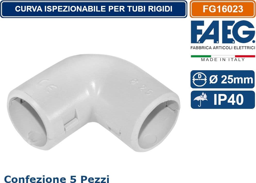 FAEG FG16023 CONFEZIONE 5 PEZZI CURVA ISPEZIONABILE GRIGIA RAL 7035 PER TUBI RIGIDI Ø 25MM IP40