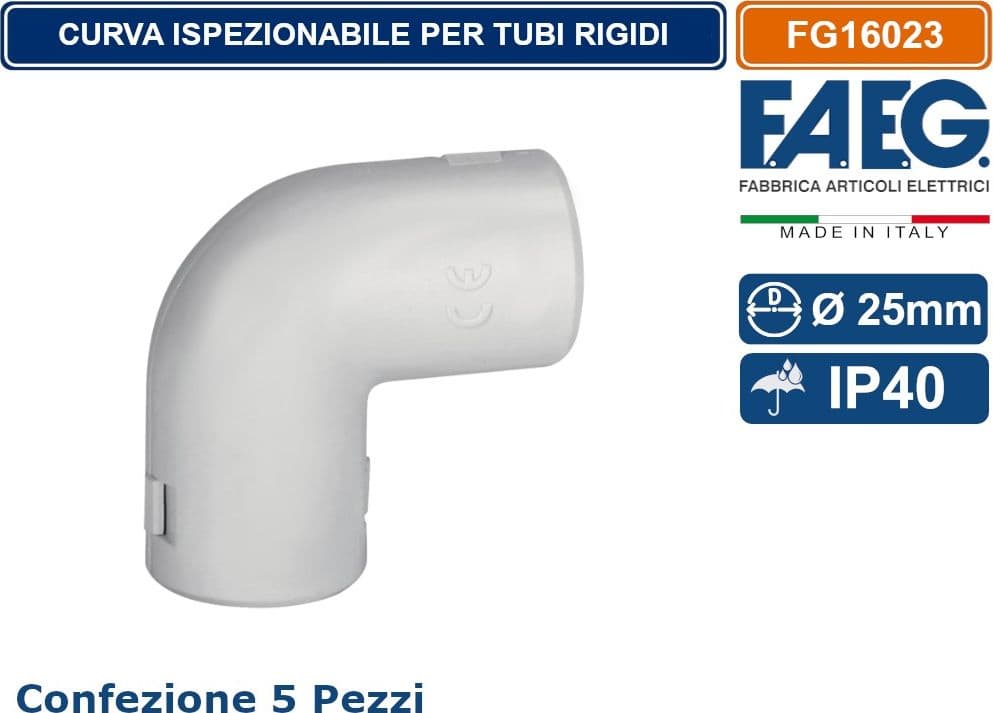 FAEG FG16023 CONFEZIONE 5 PEZZI CURVA ISPEZIONABILE GRIGIA RAL 7035 PER TUBI RIGIDI Ø 25MM IP40 - 2