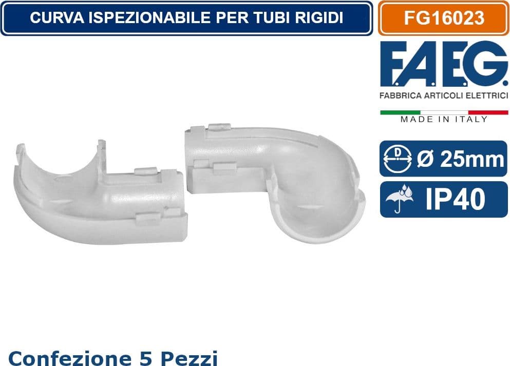 FAEG FG16023 CONFEZIONE 5 PEZZI CURVA ISPEZIONABILE GRIGIA RAL 7035 PER TUBI RIGIDI Ø 25MM IP40 - 3