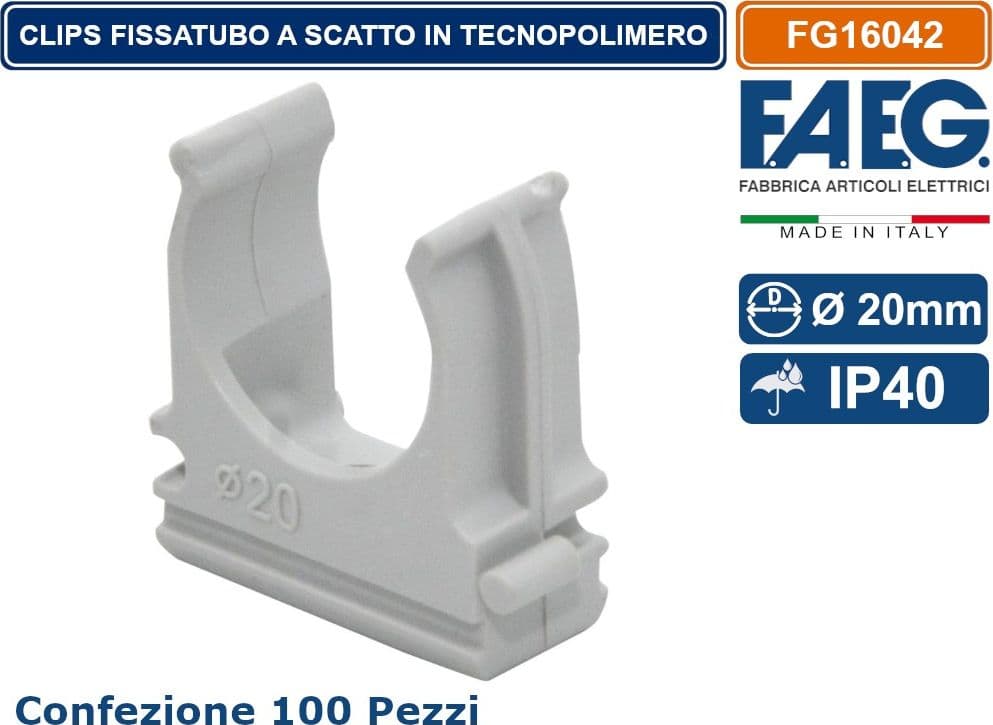 FAEG FG16042 CONFEZIONE 100 PEZZI CLIPS A SCATTO PER ANCORAGGIO TUBI RIGIDI E FLESSIBILI CON DIAMETRO Ø 20MM - 2