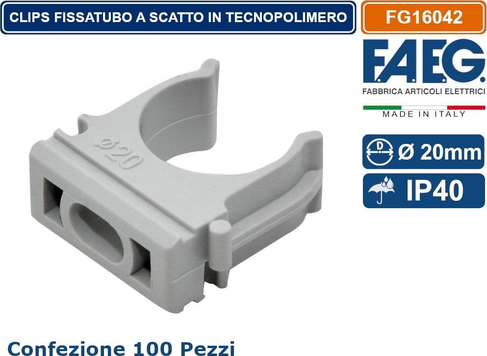 FAEG FG16042 CONFEZIONE 100 PEZZI CLIPS A SCATTO PER ANCORAGGIO TUBI RIGIDI E FLESSIBILI CON DIAMETRO Ø 20MM - 3