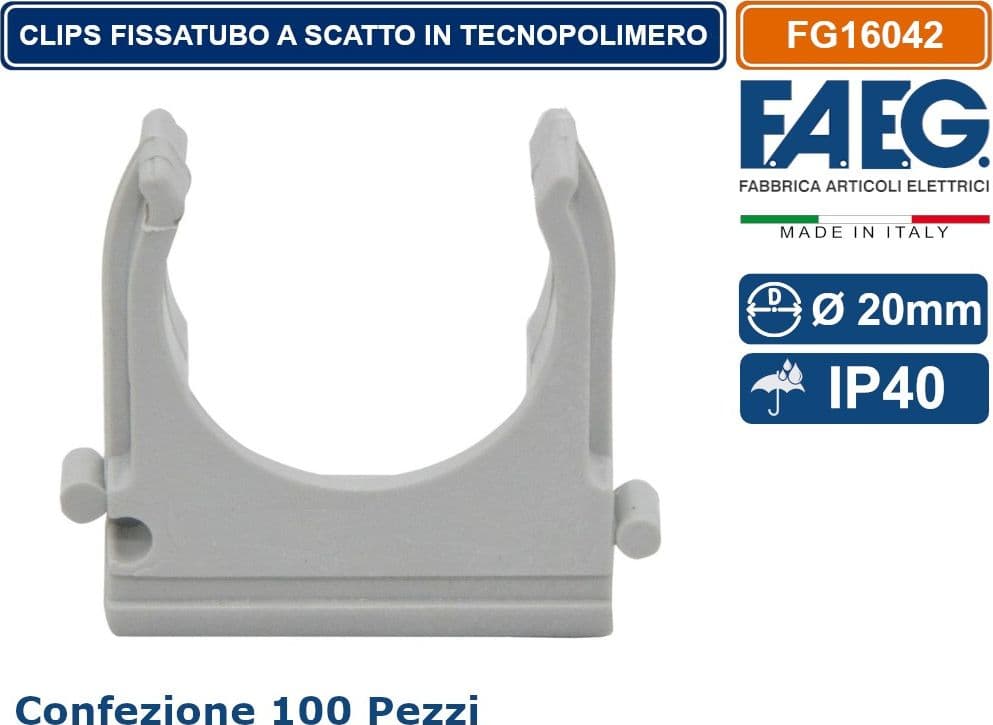 FAEG FG16042 CONFEZIONE 100 PEZZI CLIPS A SCATTO PER ANCORAGGIO TUBI RIGIDI E FLESSIBILI CON DIAMETRO Ø 20MM - 4