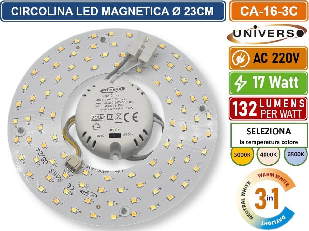 CIRCOLINA MAGNETICA NEON LED PIASTRA DISCO ANELLO PLAFONIERA CIRCOLARE LAMPADA T9 G10Q 17W Ø15CM COLORE LUCE SELEZIONABILE CCT 3IN1 3000K - 4000K -6500K - 2