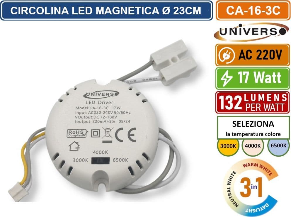 CIRCOLINA MAGNETICA NEON LED PIASTRA DISCO ANELLO PLAFONIERA CIRCOLARE LAMPADA T9 G10Q 17W Ø15CM COLORE LUCE SELEZIONABILE CCT 3IN1 3000K - 4000K -6500K - 3