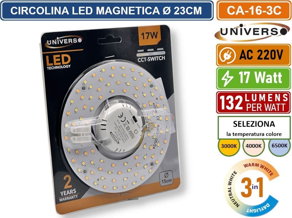 CIRCOLINA MAGNETICA NEON LED PIASTRA DISCO ANELLO PLAFONIERA CIRCOLARE LAMPADA T9 G10Q 17W Ø15CM COLORE LUCE SELEZIONABILE CCT 3IN1 3000K - 4000K -6500K - 4