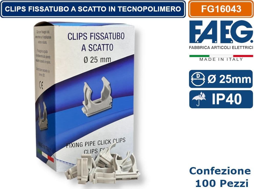 FAEG FG16043 CONFEZIONE 100 PEZZI CLIPS A SCATTO PER ANCORAGGIO TUBI RIGIDI E FLESSIBILI CON DIAMETRO Ø 25MM