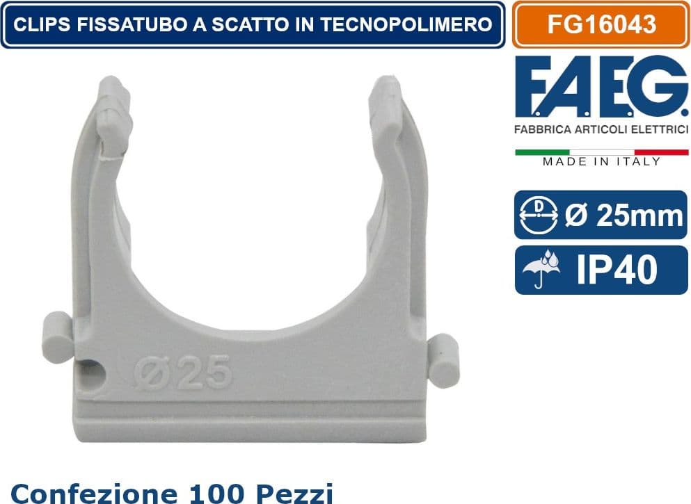 FAEG FG16043 CONFEZIONE 100 PEZZI CLIPS A SCATTO PER ANCORAGGIO TUBI RIGIDI E FLESSIBILI CON DIAMETRO Ø 25MM - 4