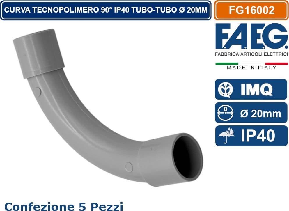 CONFEZIONE 5 PEZZI CURVA RIGIDA IN TECNOPOLOMERO 90° IP40 TUBO-TUBO Ø20MM FAEG - FG16002 - 2