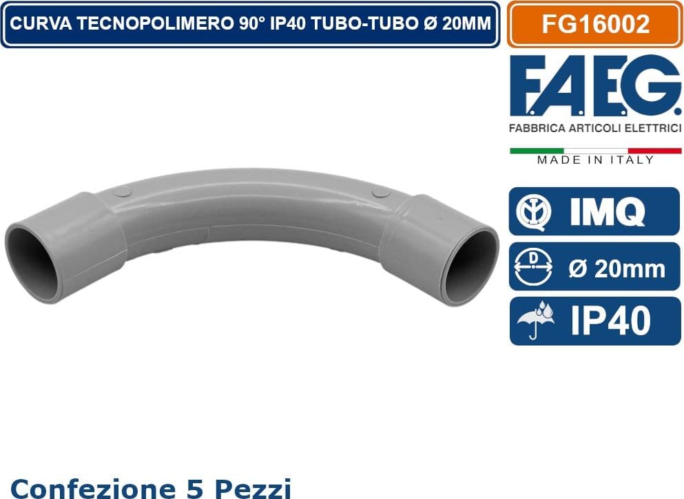 CONFEZIONE 5 PEZZI CURVA RIGIDA IN TECNOPOLOMERO 90° IP40 TUBO-TUBO Ø20MM FAEG - FG16002 - 3