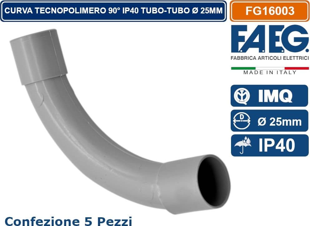 CONFEZIONE 5 PEZZI CURVA RIGIDA IN TECNOPOLOMERO 90° IP40 TUBO-TUBO Ø25MM FAEG - FG16003 - 2