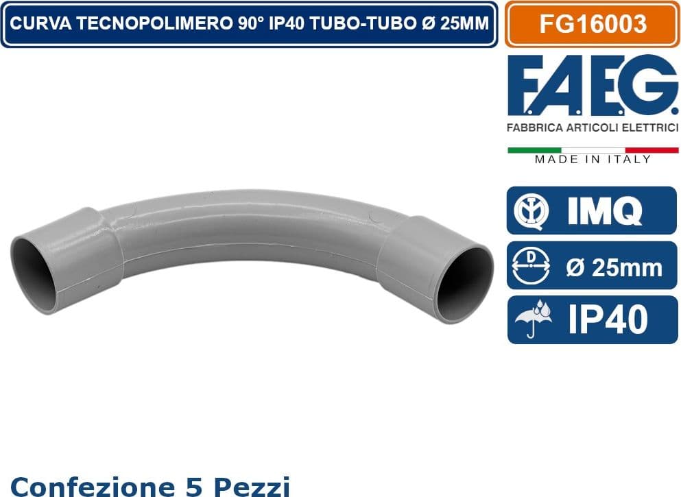 CONFEZIONE 5 PEZZI CURVA RIGIDA IN TECNOPOLOMERO 90° IP40 TUBO-TUBO Ø25MM FAEG - FG16003 - 3