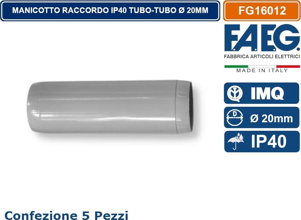 CONFEZIONE 5 PEZZI MANICOTTO GIUNTO UNEL TUBO-TUBO PER RACCORDO TUBI RIGIDI Ø 20MM IP40 FAEG - FG16012 - 2