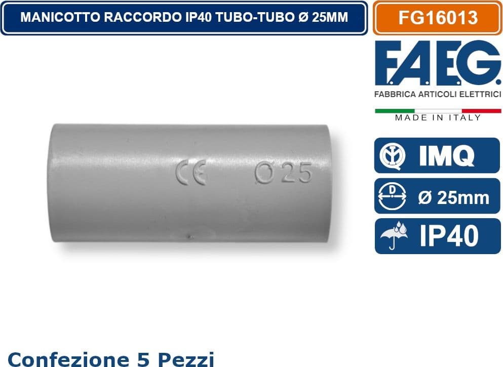 CONFEZIONE 5 PEZZI MANICOTTO GIUNTO UNEL TUBO-TUBO PER RACCORDO TUBI RIGIDI Ø 25MM IP40 FAEG - FG16013 - 2