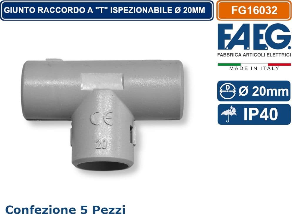 CONFEZIONE 5 PEZZI GIUNTO RACCORDO A T ISPEZIONABILE PER TUBO RIGIDO Ø 20MM IP40 RAL7035 - 2