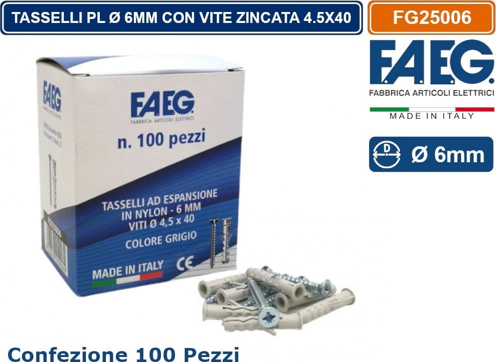 CONFEZIONE 100 PEZZI TASSELLI PL CON COLLARINO Ø6X30MM CON VITE TRUCIOLARE ZINCATA 4.5X40MM