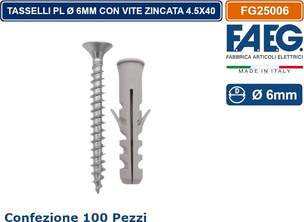 CONFEZIONE 100 PEZZI TASSELLI PL CON COLLARINO Ø6X30MM CON VITE TRUCIOLARE ZINCATA 4.5X40MM - 2