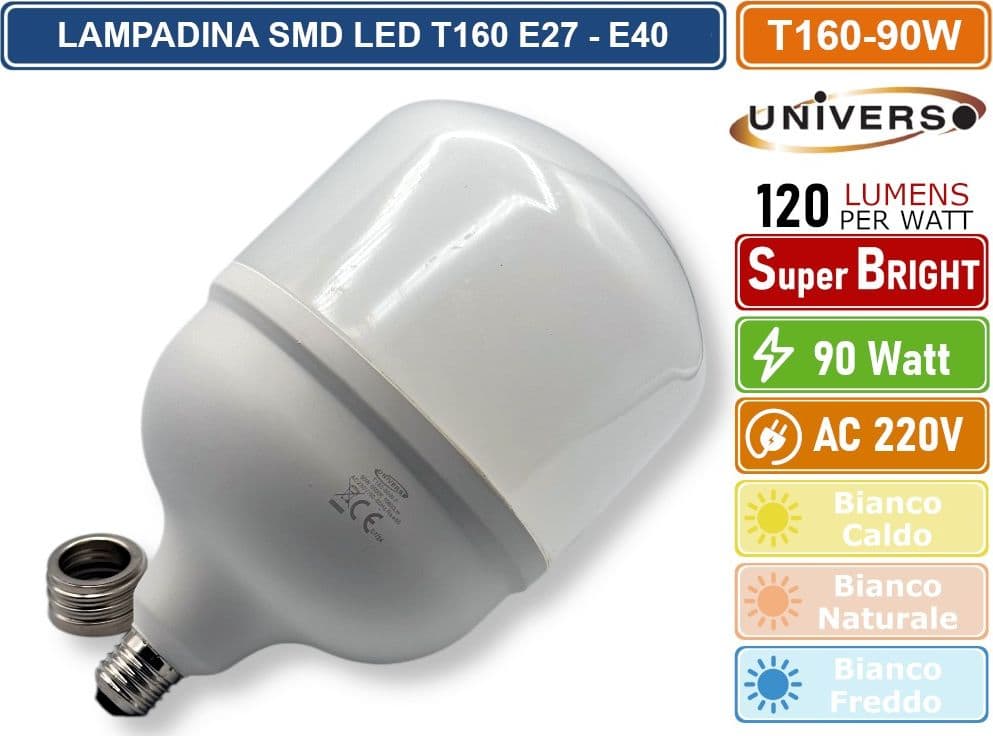 UNIVERSO T160-90W LAMPADINA SMD LED E27 + ADATTATORE E40 90W TUBOLARE T160 10.8000 LUMEN - 3000K - 4000K - 6500K - 2